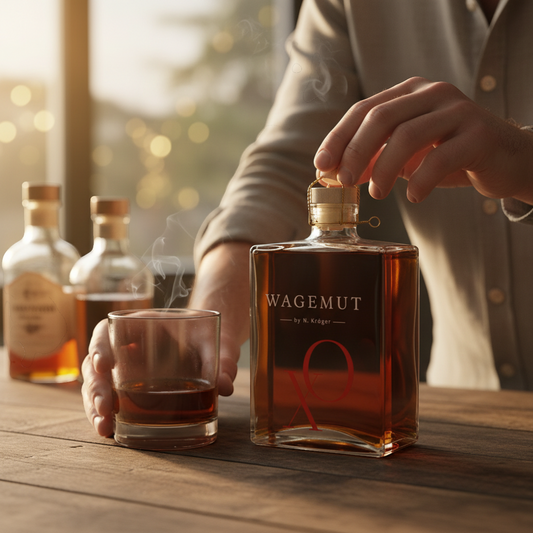 Schwarzbach Spirits Wagemut XO Rum, a premium Barbados rum with a rich amber color, 43.8% vol.