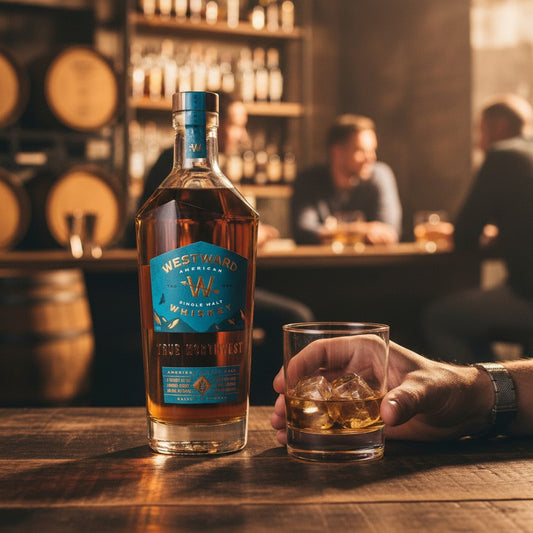Schwarzbach Spirits Westward American Single Malt Whiskey, 45% Vol., 0.7L. Amber liquid in a geometric glass bottle with a teal label.