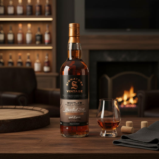 Schwarzbach Spirits Whitlaw 8 Jahre Single Malt Whisky mit dunkler Bernsteinfarbe und Signatory Vintage Etikett