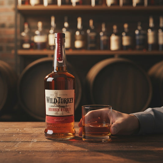 Schwarzbach Spirits: Wild Turkey Kentucky Straight Bourbon Whiskey, 40,5% Vol., bernsteinfarben, in Glasflasche mit rotem Etikett und Truthahn-Logo.