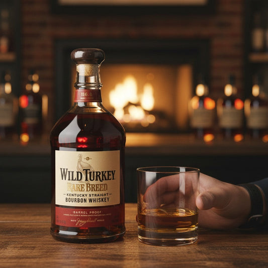 Schwarzbach Spirits: Wild Turkey Rare Breed Kentucky Straight Bourbon Whiskey, Fassstärke, 58,4% Vol., bernsteinfarben, in Glas und Flasche vor Kaminfeuer