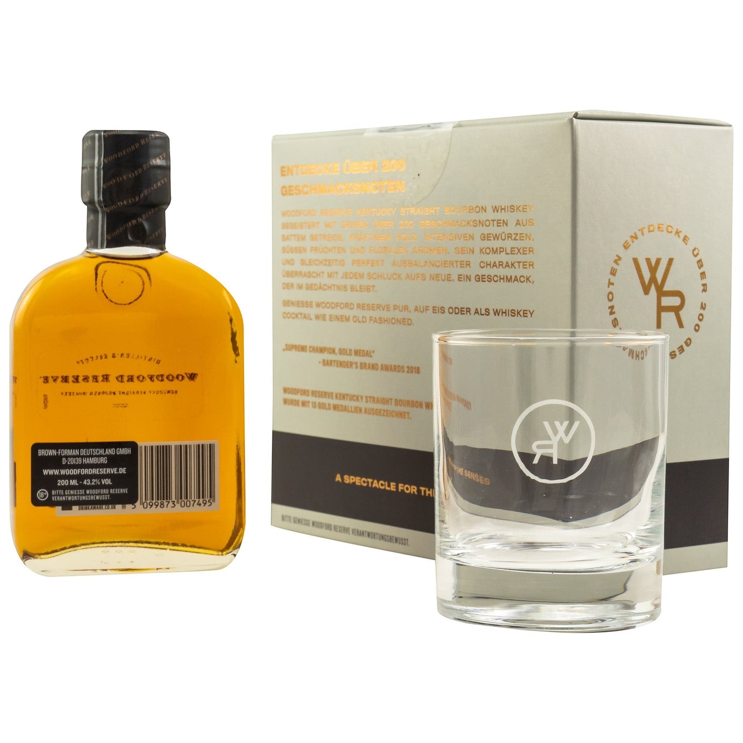 Schwarzbach Spirits: Woodford Reserve Distiller's Select Bourbon Geschenk-Set mit 200ml Flasche und Glas, 43,2% Vol.