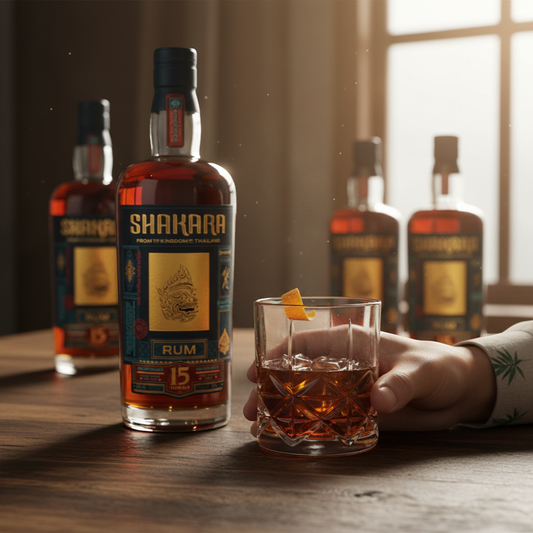 Schwarzbach Spirits SHAKARA 15 Year Old Rum from Thailand, aged in oak barrels, 46.2% Vol., 70cl. Rich amber colour.