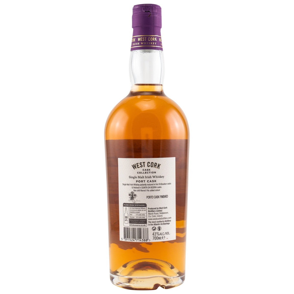 Schwarzbach Spirits West Cork Single Malt Irish Whiskey bottle with Port Cask finish label and purple foil cap