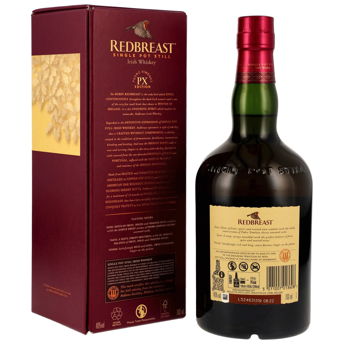 Schwarzbach Spirits Redbreast PX Edition Irish Single Pot Still Whiskey bottle and its dark red presentation box.