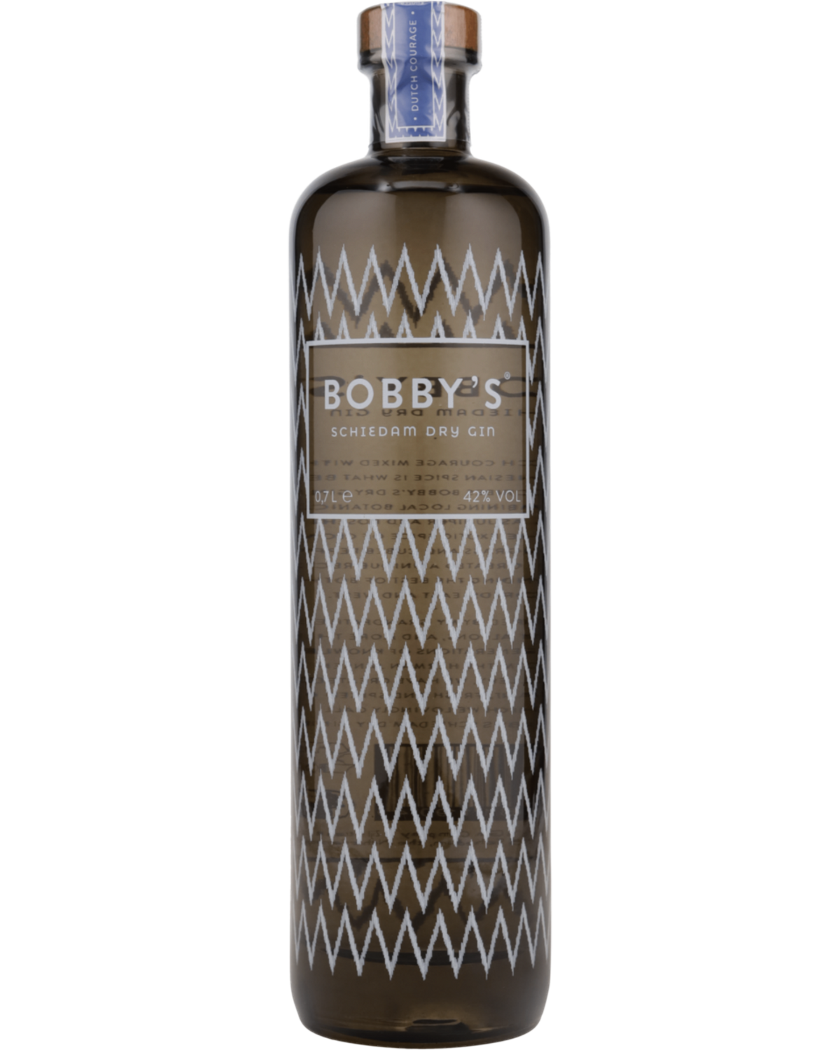 Schwarzbach Spirits Bobby’s Schiedam Dry Gin in einer markanten Flasche mit indonesisch inspiriertem Zickzack-Muster.
