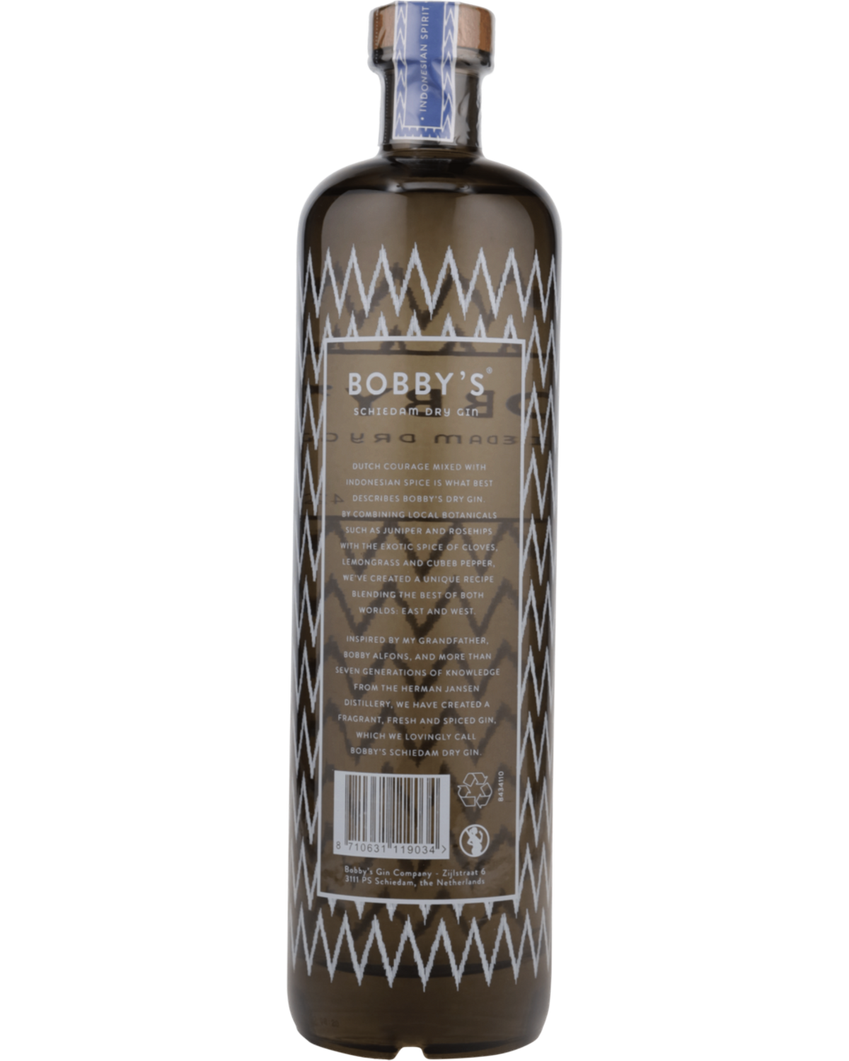 Schwarzbach Spirits Bobby's Schiedam Dry Gin Flaschenrückseite mit indonesisch inspiriertem Muster und Textdetails