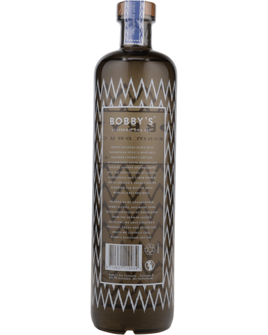 Schwarzbach Spirits Bobby's Schiedam Dry Gin Flaschenrückseite mit indonesisch inspiriertem Muster und Textdetails