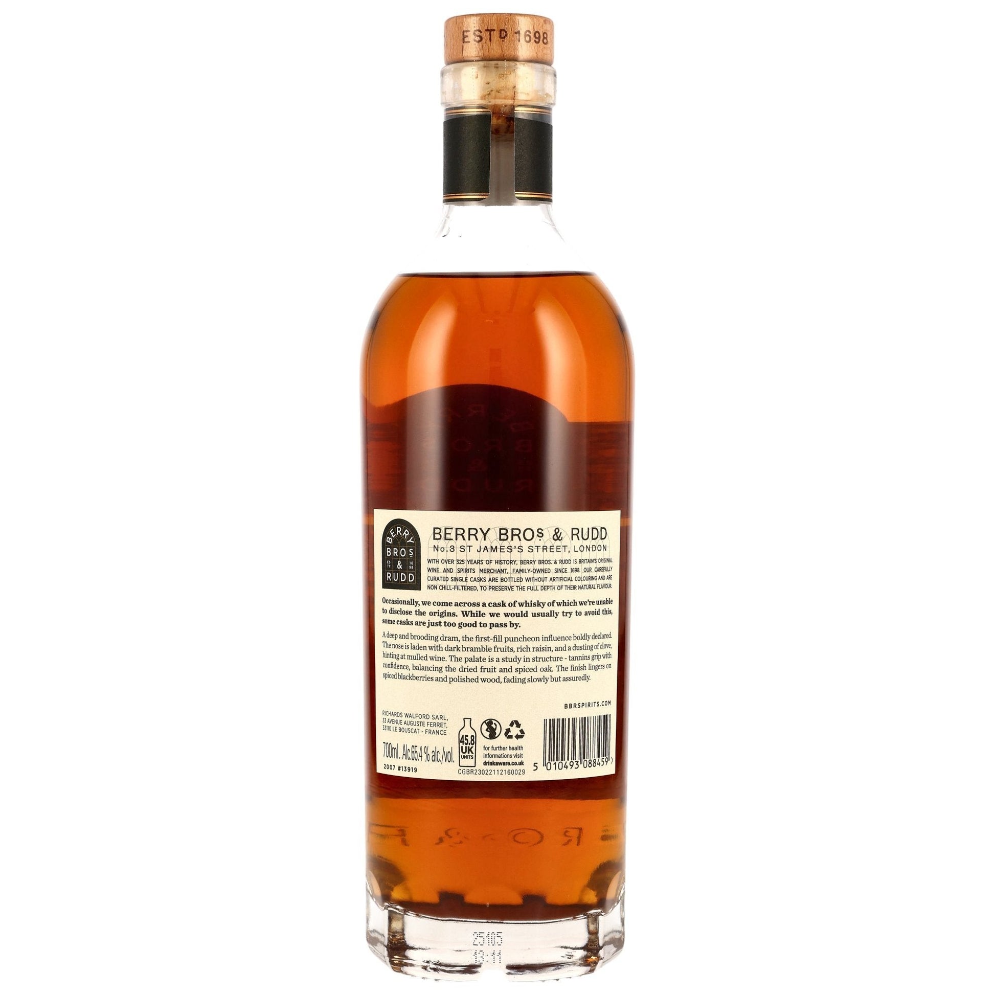 Berry Bros. & Rudd Secret Speyside 2007/2025 18 Jahre Single Malt Whisky in 700ml Flasche, 65,4% Vol., bernsteinfarben, nicht kühlfiltriert.