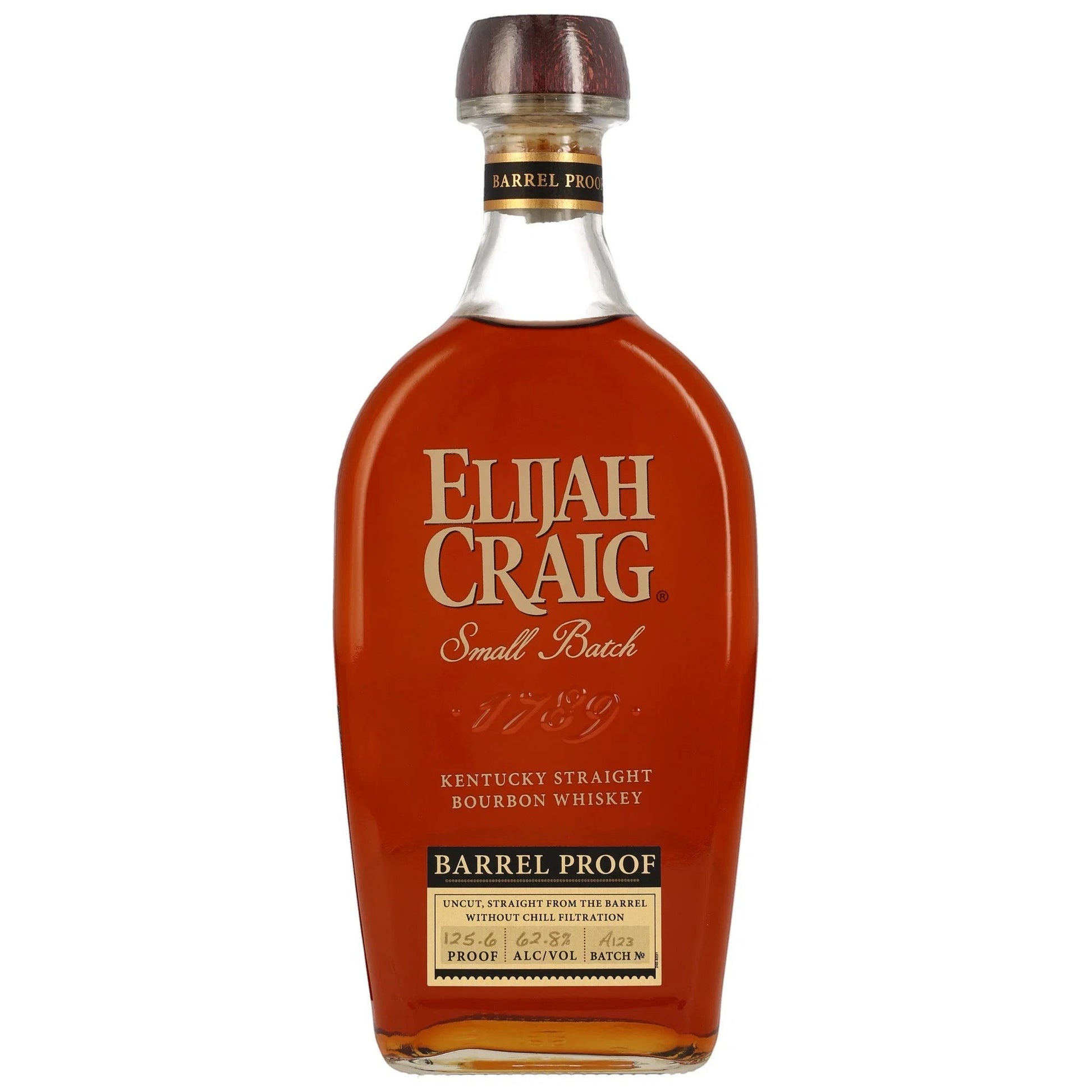 Elijah Craig Barrel Proof Kentucky Straight Bourbon Whiskey mit 62,8% Vol. in einer Glasflasche mit Holzverschluss.