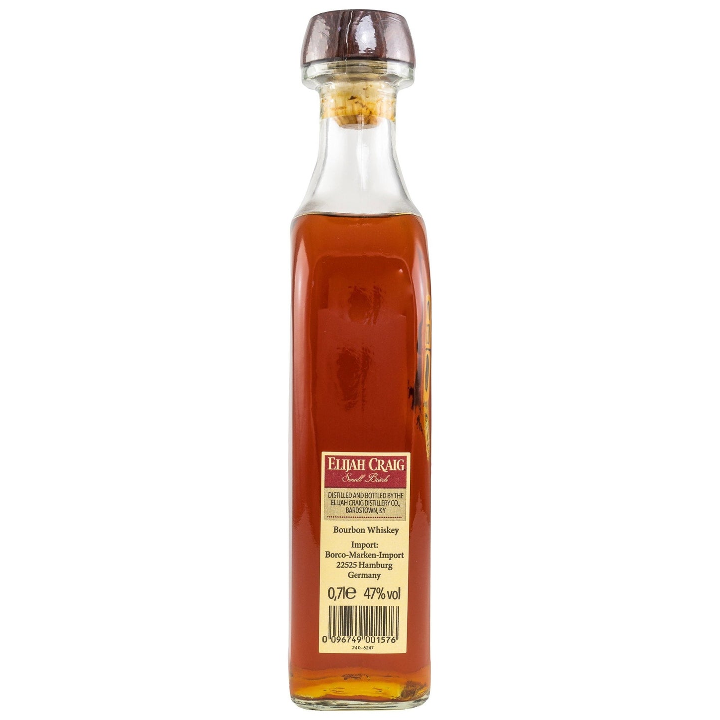 Schwarzbach Spirits Elijah Craig Small Batch Bourbon 47% Vol. in Glasflasche mit Korkverschluss, bernsteinfarbener Whiskey.
