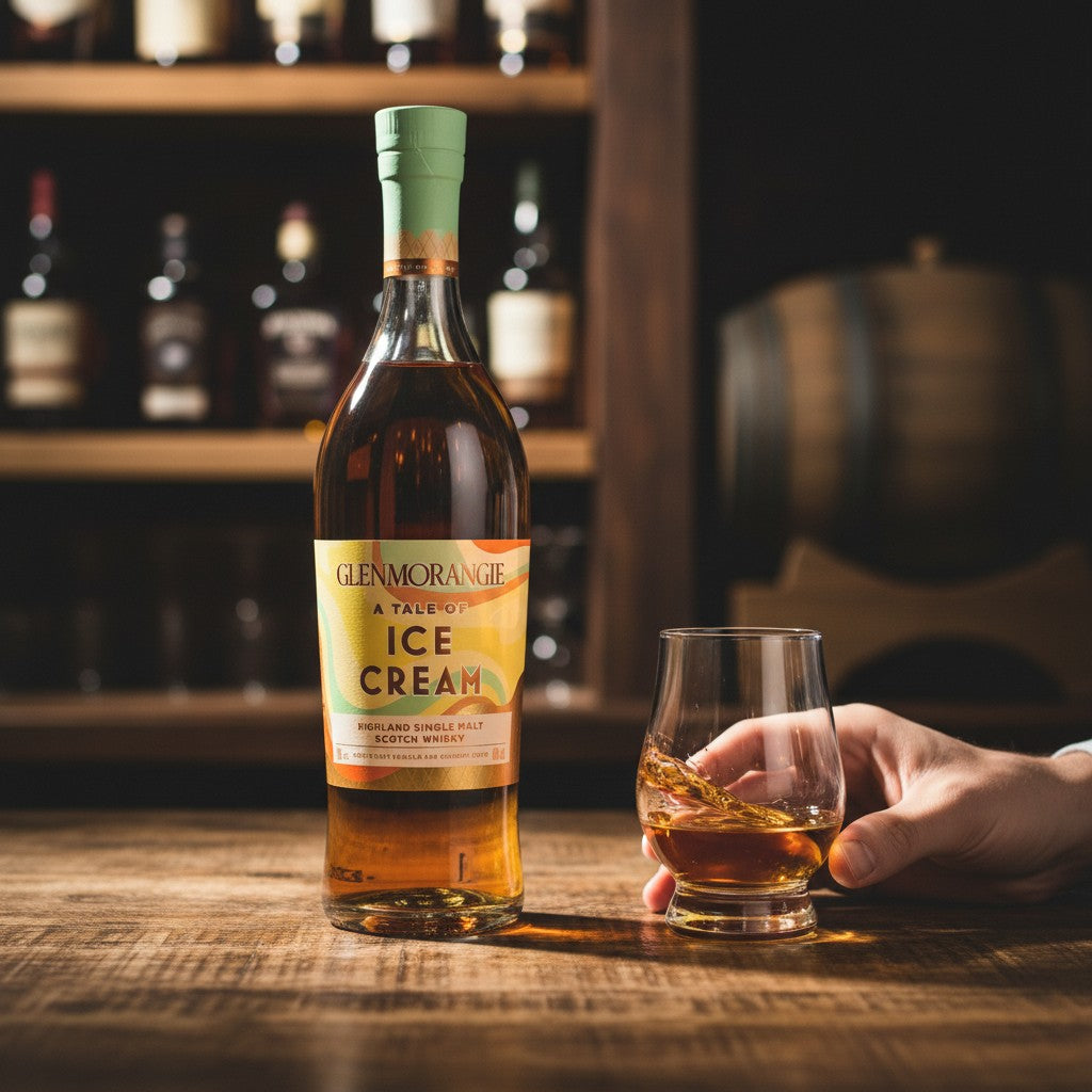 Glenmorangie A Tale of Ice Cream Highland Single Malt Scotch Whisky, 46% Vol. in einer Flasche und Kartonverpackung.
