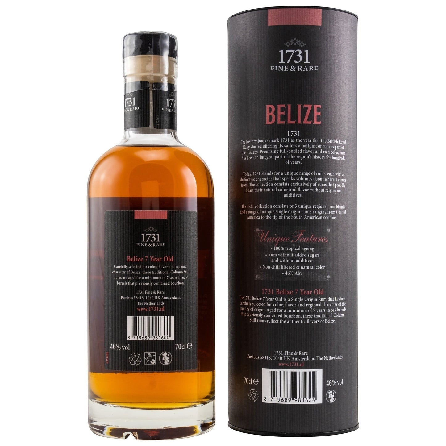 Schwarzbach Spirits 1731 Belize 7 Jahre Rum, bernsteinfarben, 46% Vol., 70cl, in amerikanischer Eiche gereift.