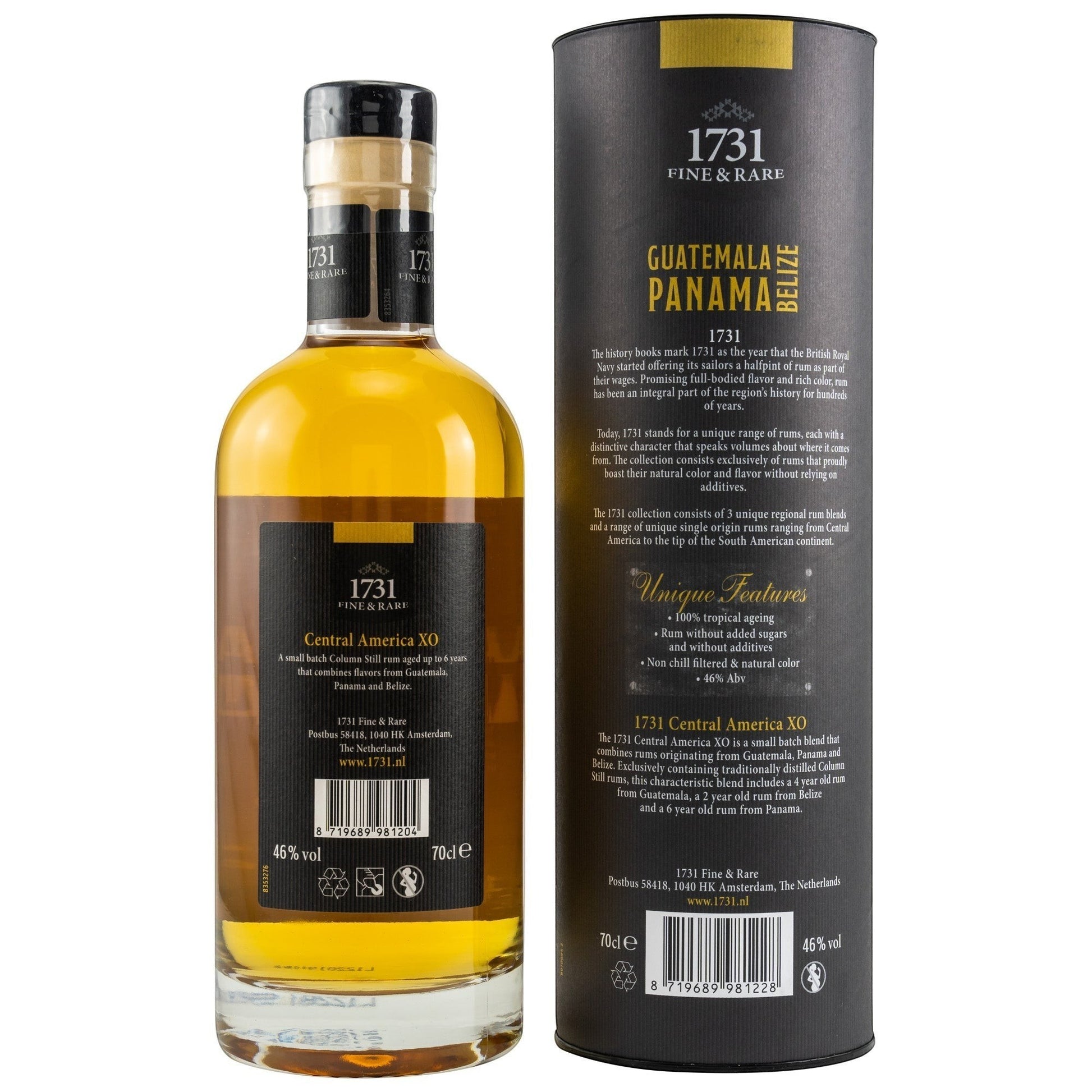 Schwarzbach Spirits 1731 Central America XO Rum, goldfarben, 46% Vol., 70cl Flasche und passender Geschenkverpackung.