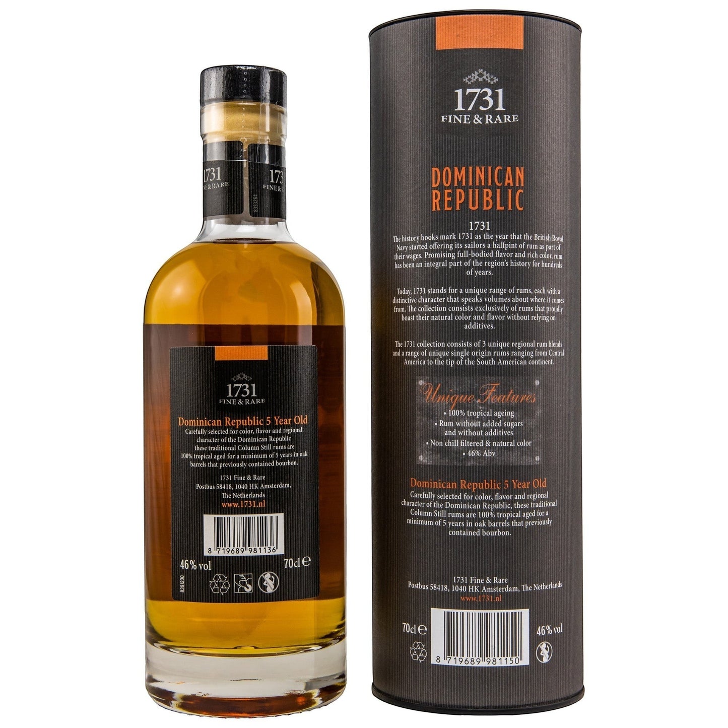 Schwarzbach Spirits 1731 Dominican Republic 5 Jahre Rum, 46% Vol., 70cl. Goldfarbener Rum in Glasflasche mit schwarzem Etikett und passender zylindrischer Geschenkverpackung.