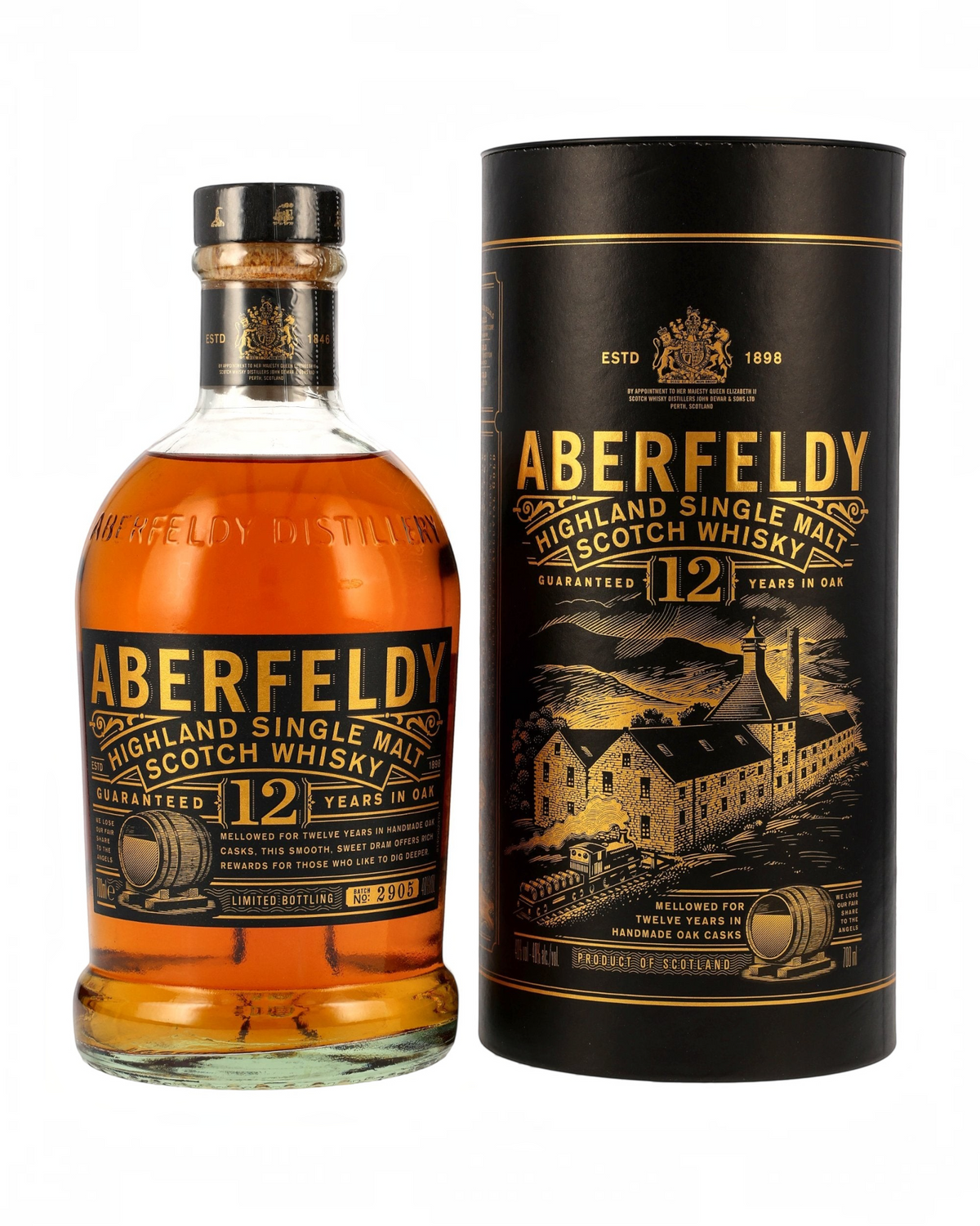 Schwarzbach Spirits Aberfeldy 12 Jahre Single Malt Whisky Flasche mit schwarzer Geschenkdose und goldenem Etikett