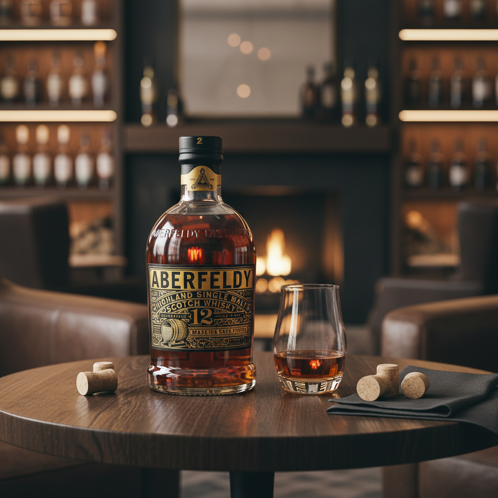 Schwarzbach Spirits Aberfeldy 12 Year Old Madeira Cask Finish whisky bottle and glass on a wooden table by a fireplace