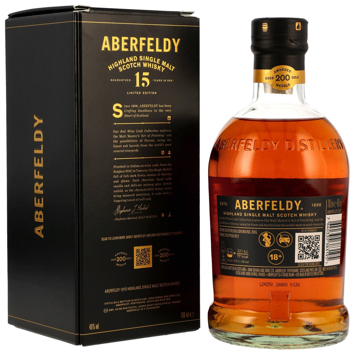 Schwarzbach Spirits Aberfeldy 15 Year Old Bolgheri Red Wine Cask Finish whisky bottle next to its black gift box