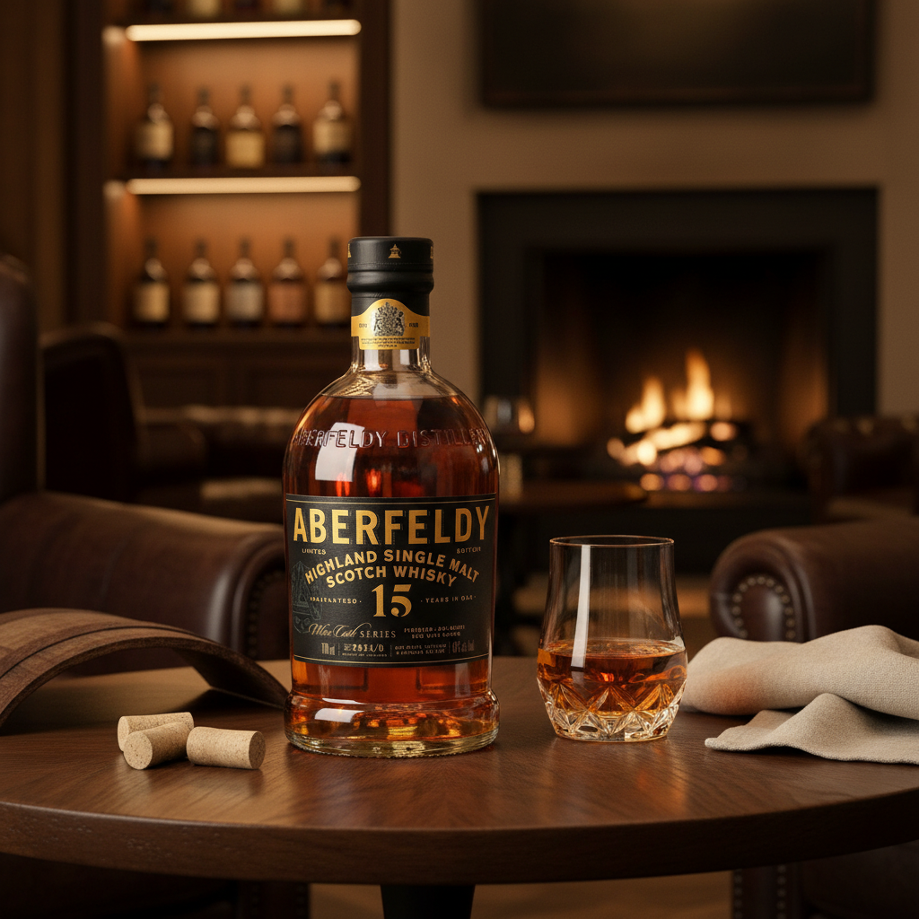 Schwarzbach Spirits Aberfeldy 15 Year Old Bolgheri Red Wine Cask Finish whisky bottle with glass on a wooden table.