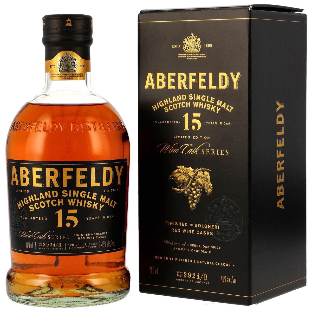 Schwarzbach Spirits Aberfeldy 15 Year Old Bolgheri Red Wine Cask Finish whisky bottle and black gift box