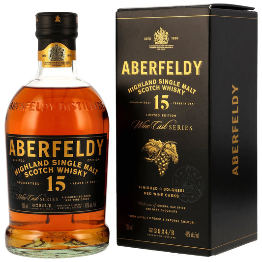 Schwarzbach Spirits Aberfeldy 15 Year Old Bolgheri Red Wine Cask Finish whisky bottle and black gift box