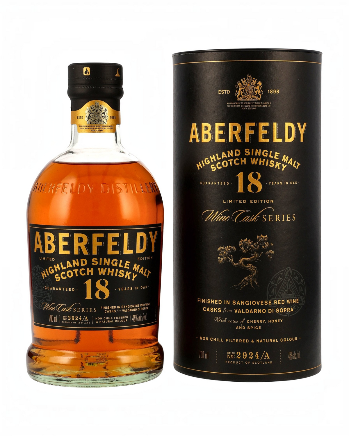 Schwarzbach Spirits Aberfeldy 18 Jahre Single Malt Whisky mit schwarzer Geschenkdose und goldener Beschriftung
