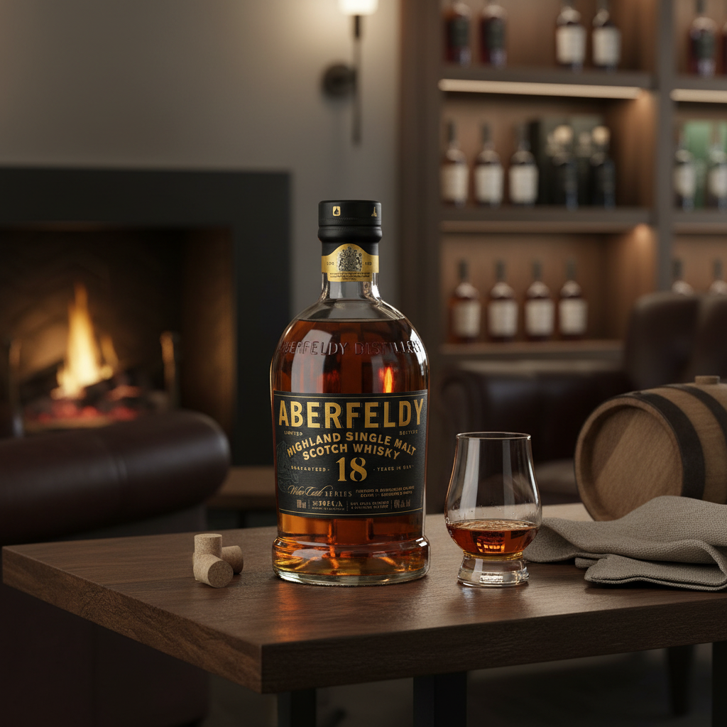Schwarzbach Spirits Aberfeldy 18 Year Old Sangiovese Wine Cask Finish whisky bottle with glass on a wooden table.