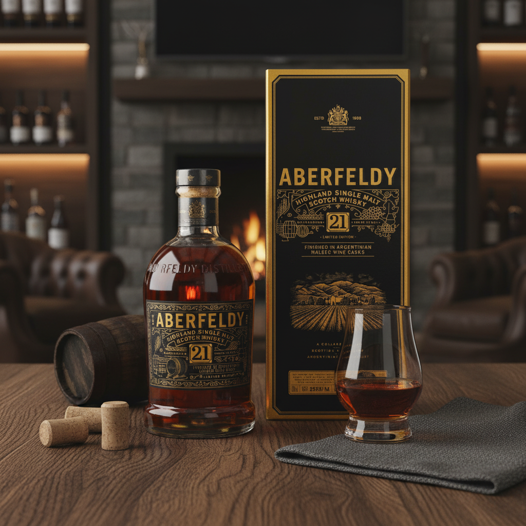 Schwarzbach Spirits Aberfeldy 21 Year Old Malbec Wine Cask whisky bottle with gift box and glass on a wooden table.