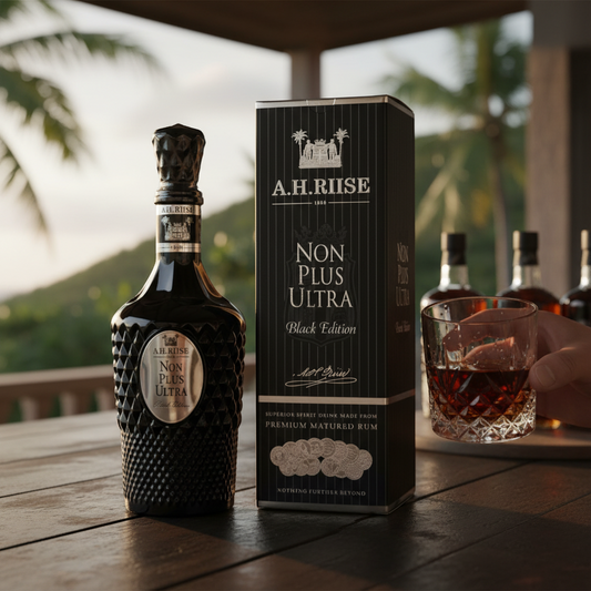 Schwarzbach Spirits A.H. Riise Non Plus Ultra Black Edition rum, 42% Vol. Dark amber rum with caramel, chocolate, and fruit notes.