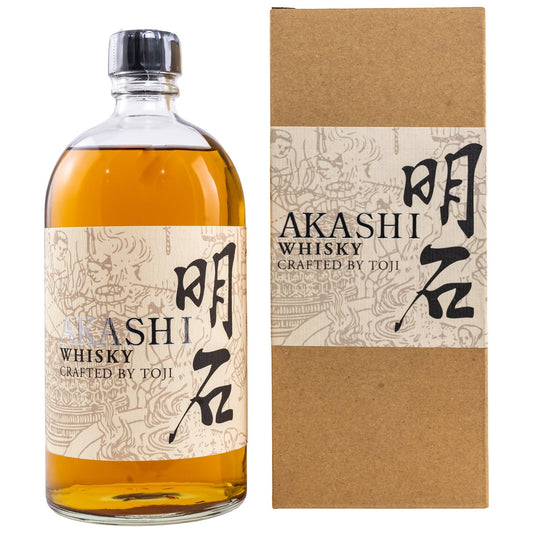Schwarzbach Spirits Akashi Crafted by Toji Japanese blended whisky, 40% Vol., amber colour, in a clear glass bottle with a decorative label.