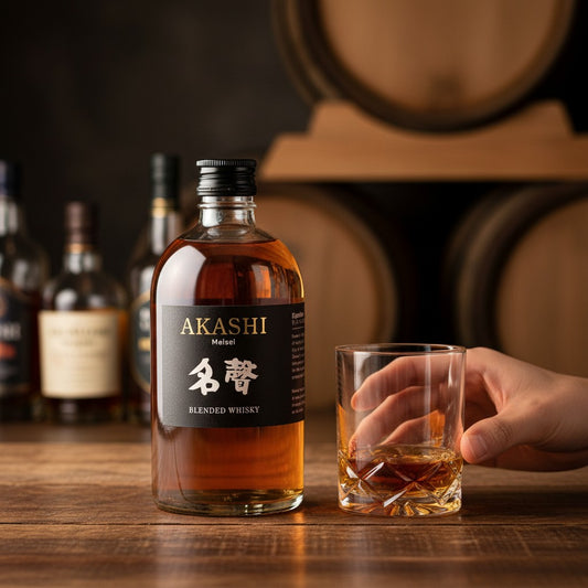 Schwarzbach Spirits Akashi Meisei Blended Japanese Whisky, amber color, 40% Vol., aged in sherry casks.