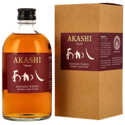 Schwarzbach Spirits Akashi Takumi Sherry Cask Finish Blended Whisky, 40% Vol., 0,5L, mit Noten von Rosinen, Vanille und Karamell.