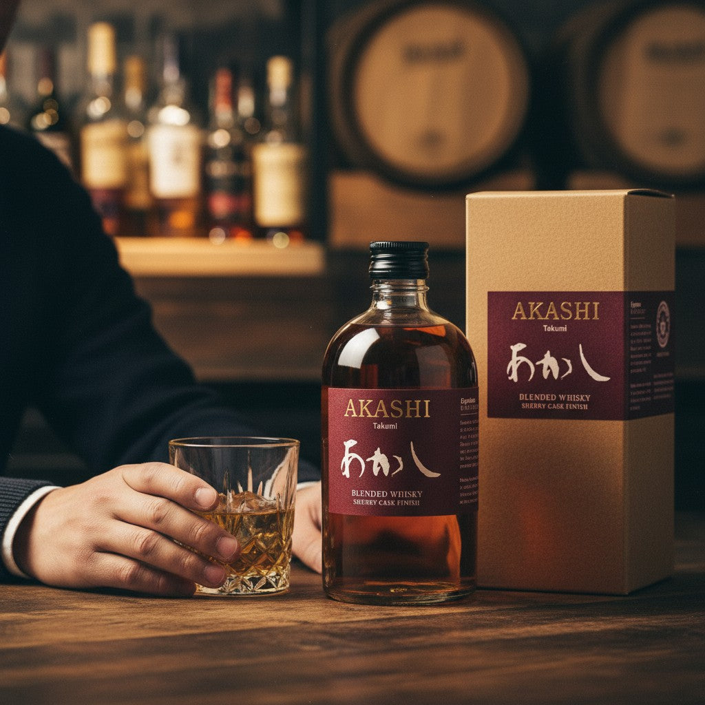 Schwarzbach Spirits: Akashi Takumi Sherry Cask Finish Blended Whisky, 40% Vol., 0,5L, mit Noten von Trockenfrüchten, Rosinen, Vanille und Karamell.