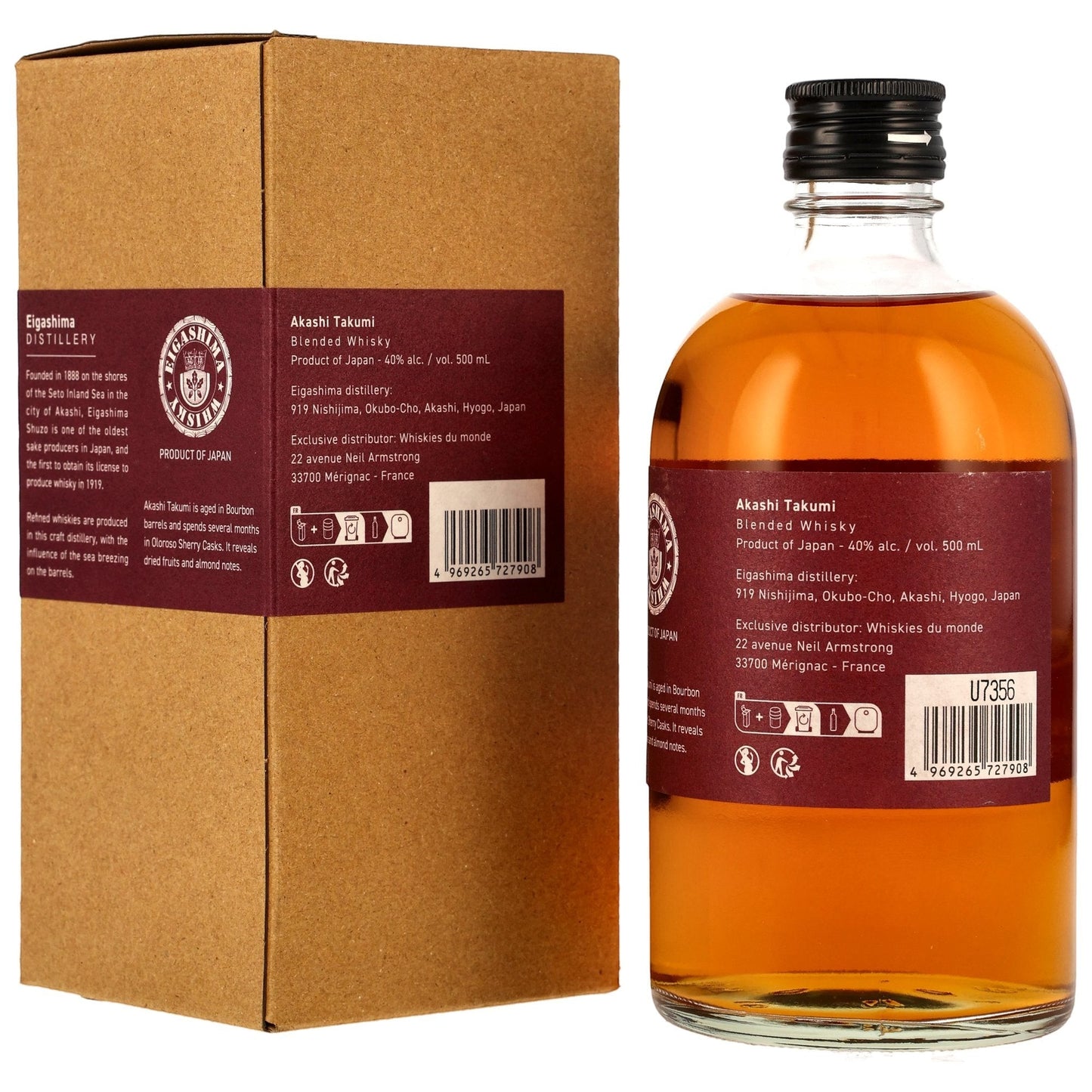 Schwarzbach Spirits Akashi Takumi Sherry Cask Finish Blended Whisky 40% Vol. 500ml mit Noten von Rosinen, Vanille und Karamell.