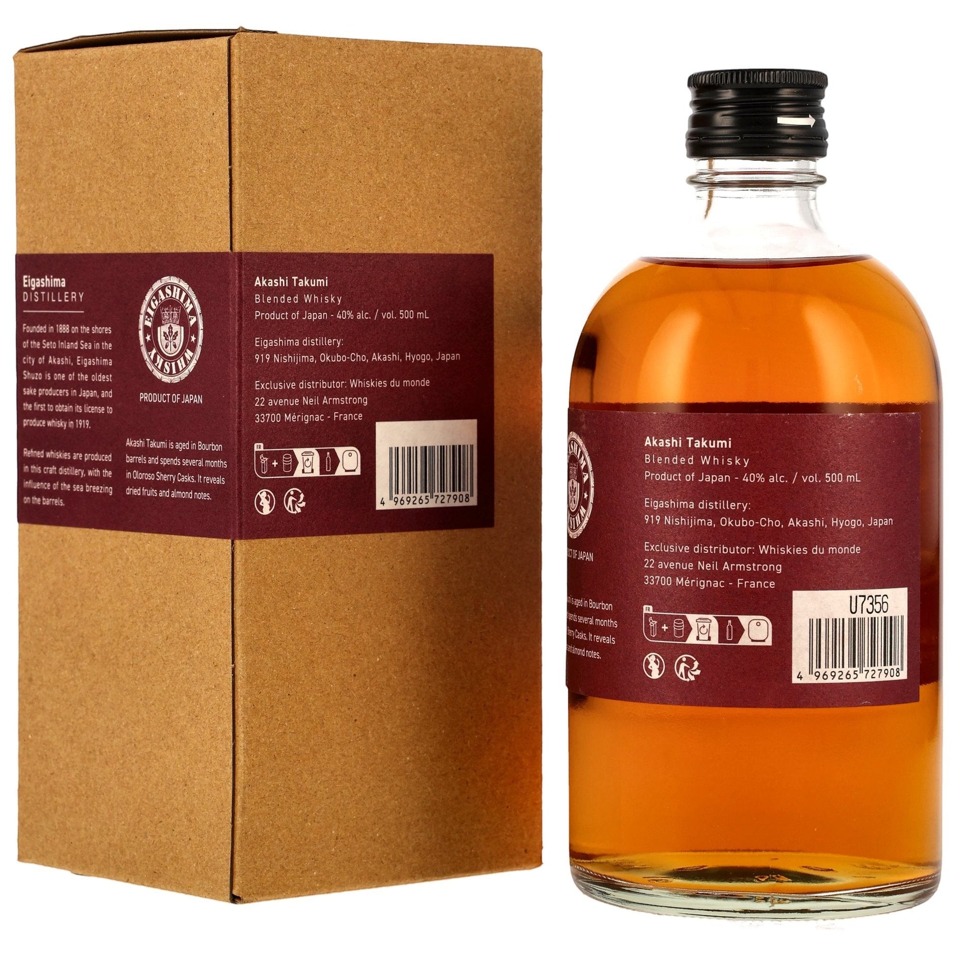 Schwarzbach Spirits Akashi Takumi Sherry Cask Finish Blended Whisky 40% Vol. 500ml mit Noten von Rosinen, Vanille und Karamell.