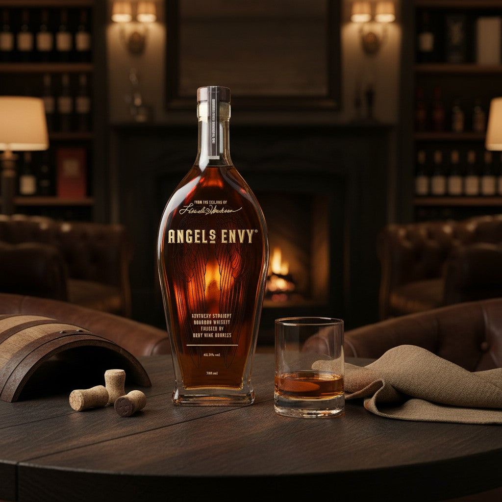 Schwarzbach Spirits Angels Envy Bourbon Flasche mit Glas auf Holztisch vor einem Kamin im Hintergrund