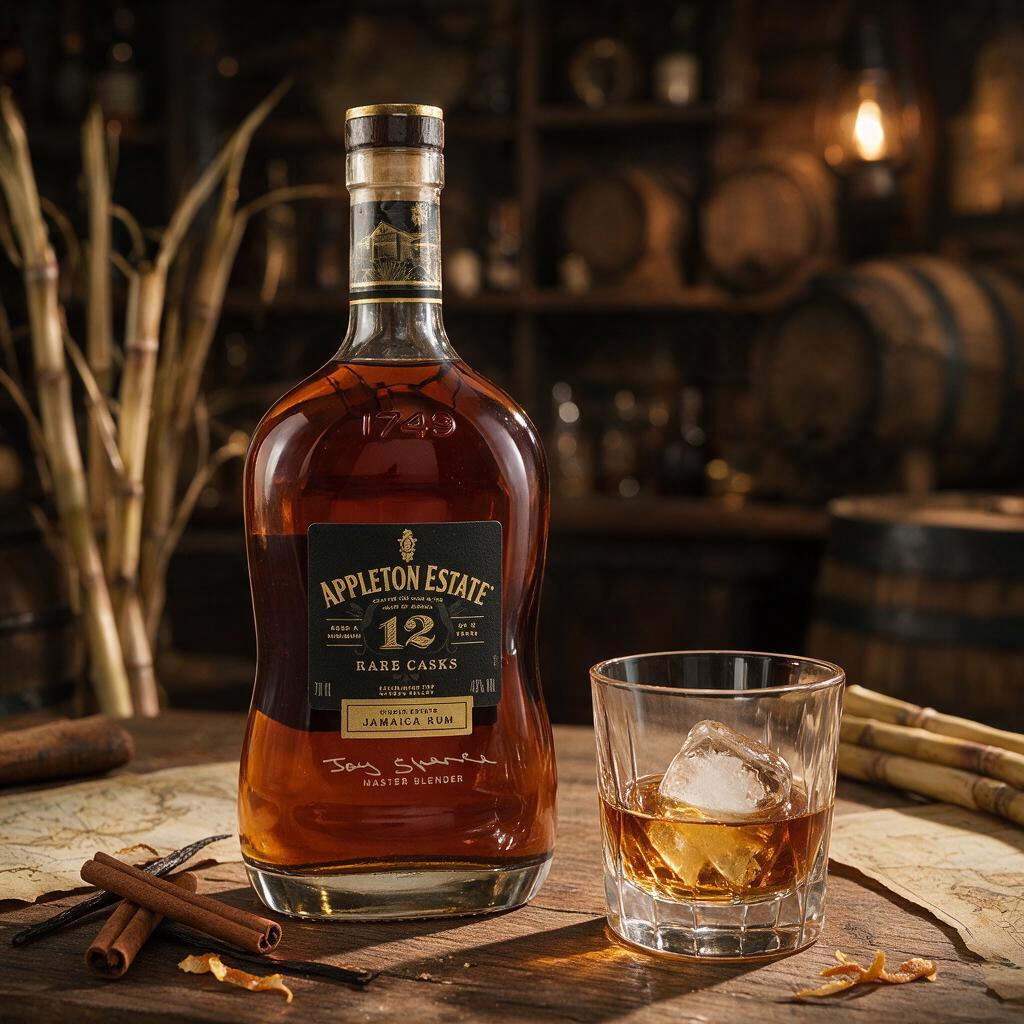 Schwarzbach Spirits Appleton Estate 12 Jahre Rare Casks Rum Flasche mit Glas auf einem Holztisch in einer Destillerie