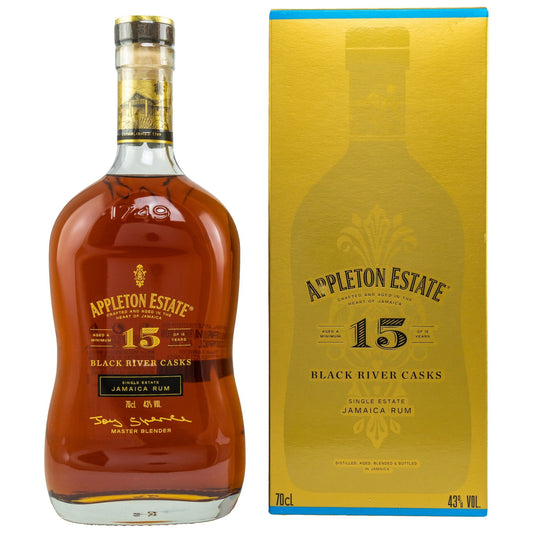 Schwarzbach Spirits Appleton Estate 15 Jahre Black River Casks Rum Flasche mit goldener Geschenkverpackung