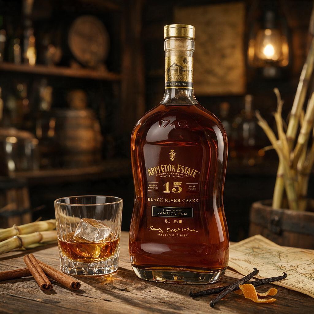 Schwarzbach Spirits Appleton Estate 15 Jahre Black River Casks Rum Flasche mit Glas und Eis auf Holztisch