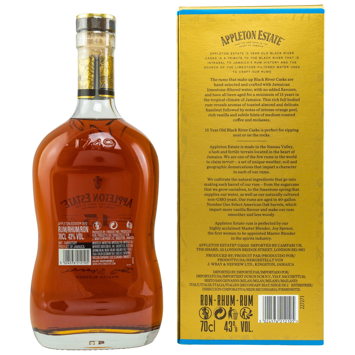 Schwarzbach Spirits Appleton Estate 15 Jahre Black River Casks Rum Flasche mit Geschenkverpackung und Rücketikett