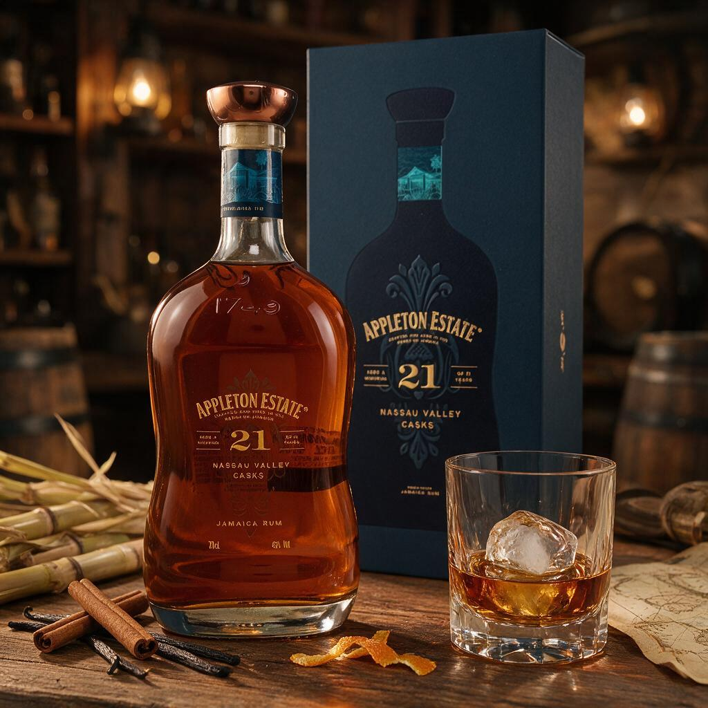 Schwarzbach Spirits Appleton Estate 21 Jahre Rum in Premium-Box mit Glas, Eiswürfel, Vanille und Zimtstangen
