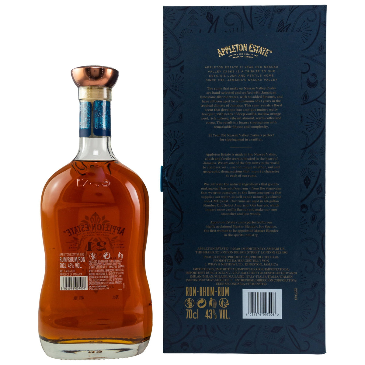 Schwarzbach Spirits Appleton Estate 21 Jahre Rum Flasche mit Premium-Box und detailliertem Etikett