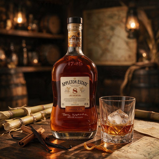 Schwarzbach Spirits Appleton Estate 8 Jahre Reserve Rum Flasche mit Glas auf Eis, Vanilleschoten und Zuckerrohr