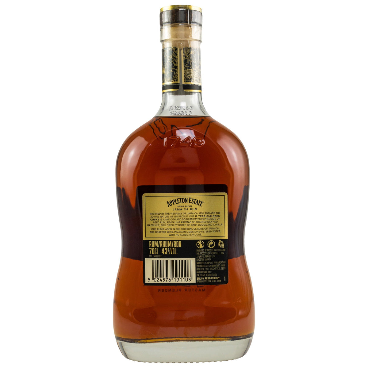 Schwarzbach Spirits Appleton Estate 12 Jahre Rare Casks Rum Flaschenrückseite mit Etikett und Informationen