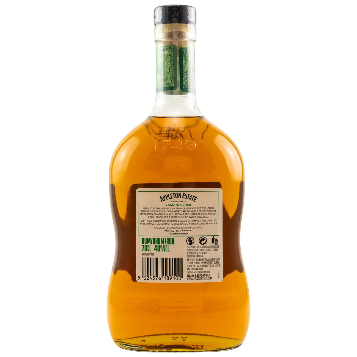 Schwarzbach Spirits Appleton Estate Signature Rum Flaschenrückseite mit Etikett und Informationen