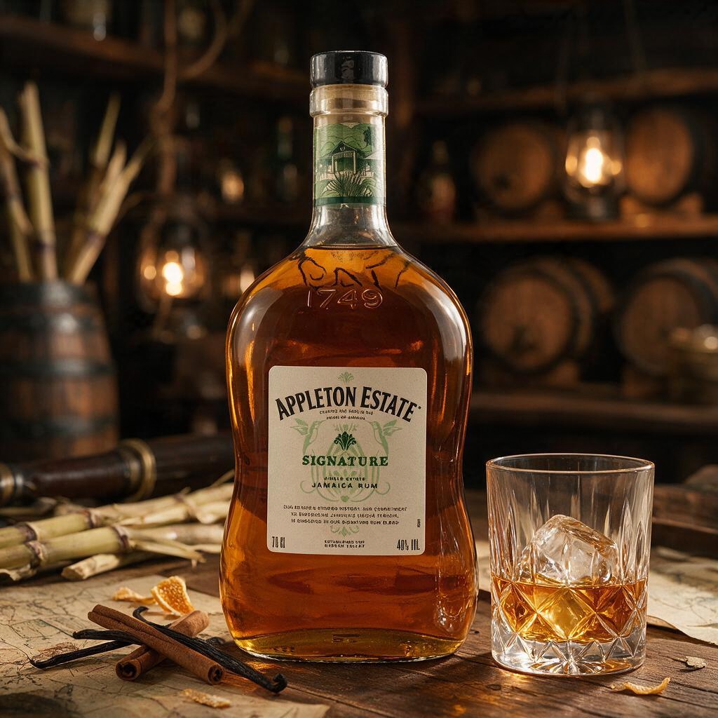 Schwarzbach Spirits Appleton Estate Signature Rum Flasche mit Glas auf einem Holztisch in einer Destillerie