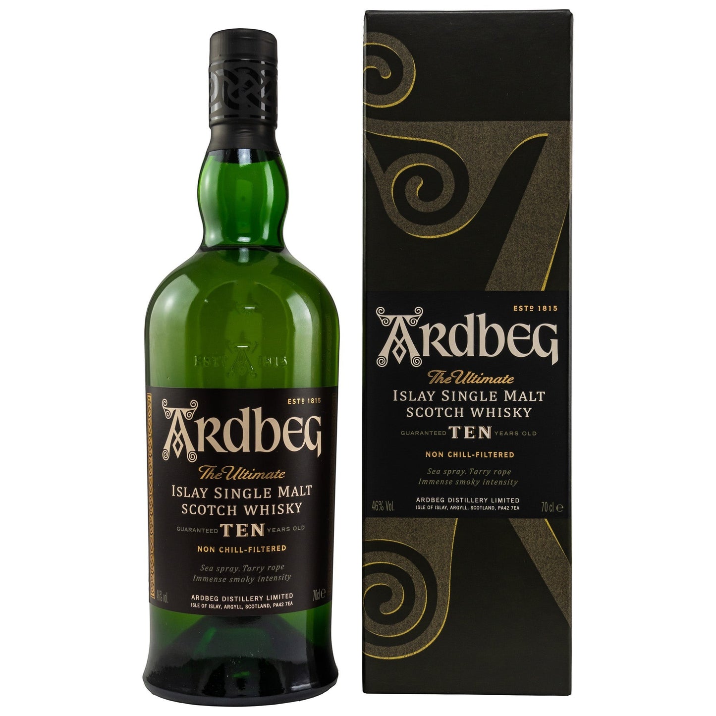Schwarzbach Spirits Ardbeg 10 Jahre Islay Single Malt Scotch Whisky Flasche mit schwarzer Geschenkverpackung