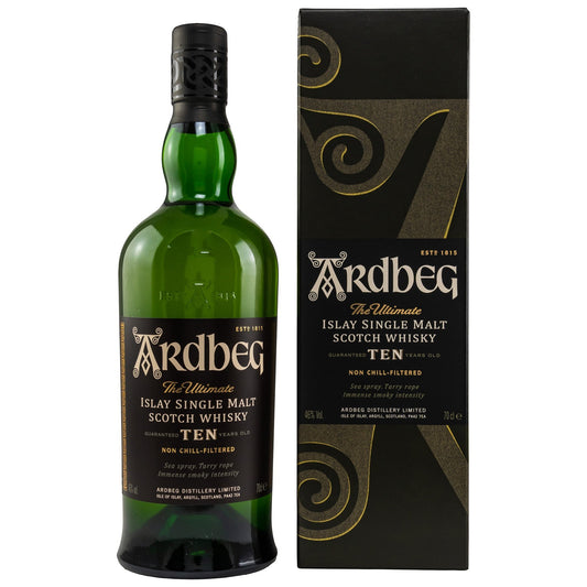 Schwarzbach Spirits Ardbeg 10 Jahre Islay Single Malt Scotch Whisky Flasche mit schwarzer Geschenkverpackung