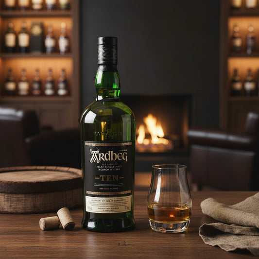 Schwarzbach Spirits Ardbeg 10 Jahre Single Malt Whisky Flasche mit Glas vor einem Kaminfeuer