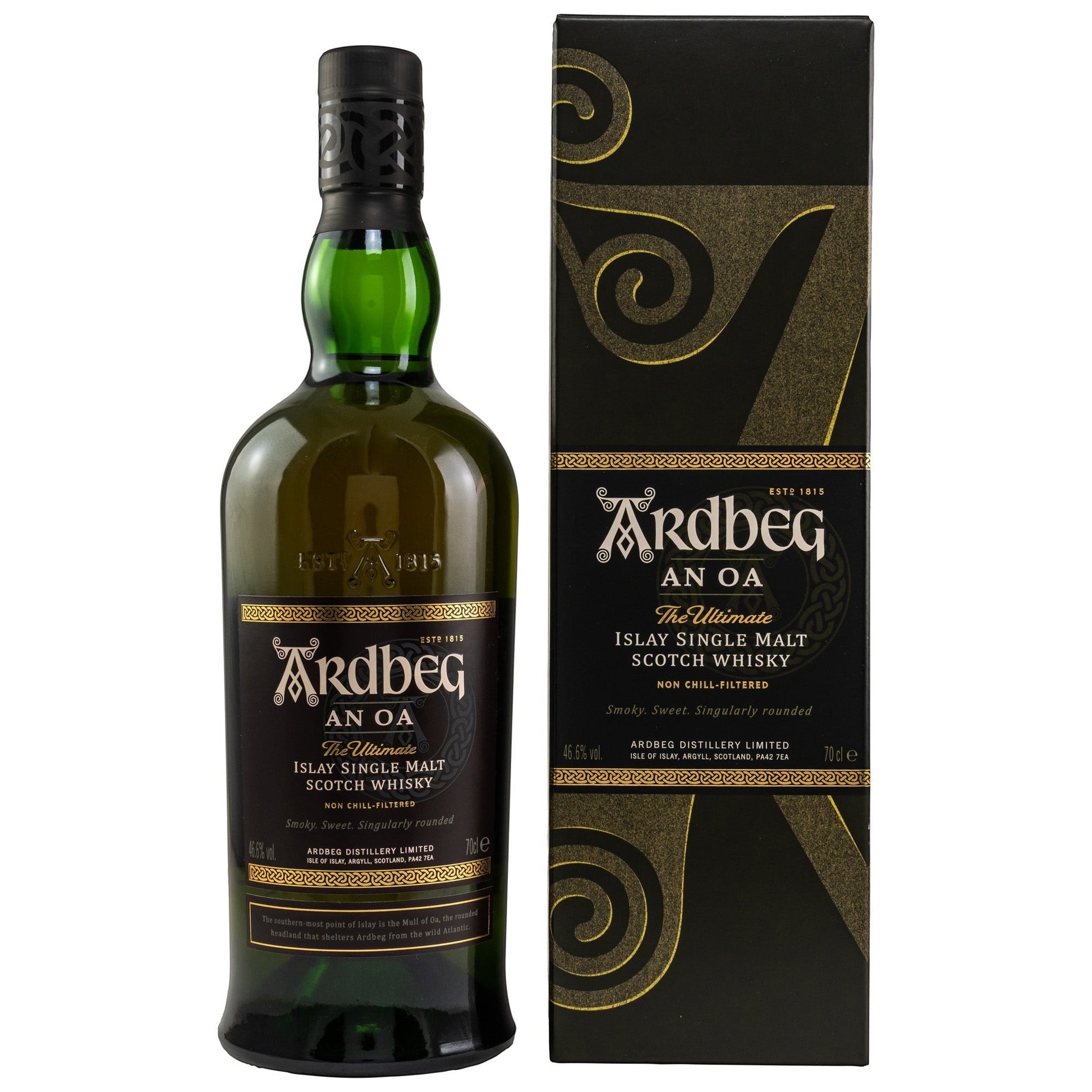 Schwarzbach Spirits Ardbeg An Oa Islay Single Malt Scotch Whisky Flasche mit schwarzer Geschenkverpackung